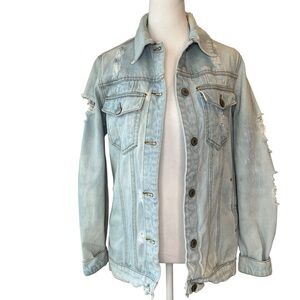 Iris Distressed Light Blue Denim Jacket Womens Small Y2K Grunge Biker Oversize